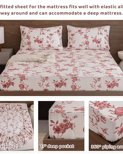 QSH Floral Queen Size Sheet Sets - 100% Egyptian Cotton Sheets Elegant Red Roses Flower Pattern Printed Bedding Sheets Queen Size Bed Extra Soft and Breathable 4pcs Deep Pockets Bed Sheets - LeafyLoom