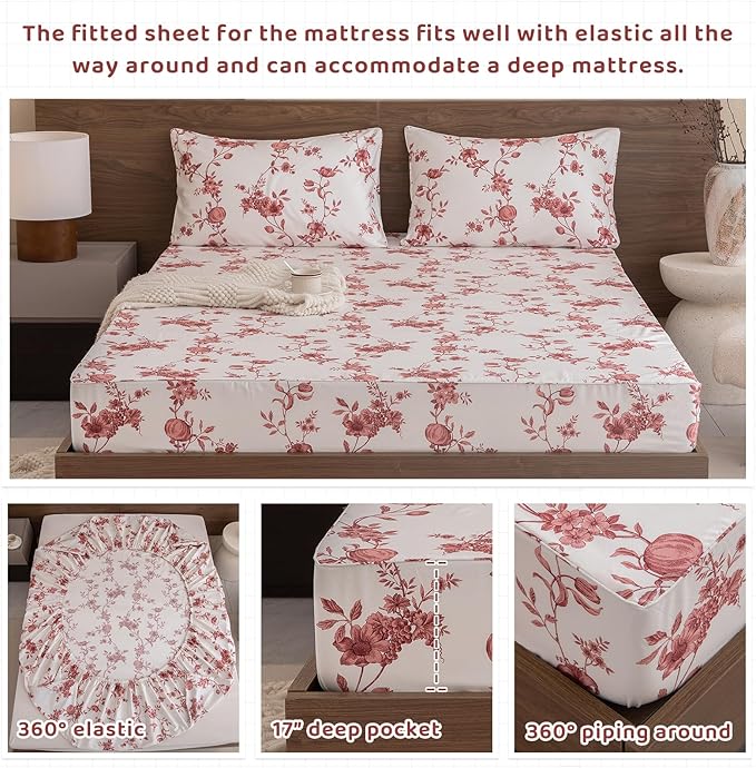 QSH Floral Queen Size Sheet Sets - 100% Egyptian Cotton Sheets Elegant Red Roses Flower Pattern Printed Bedding Sheets Queen Size Bed Extra Soft and Breathable 4pcs Deep Pockets Bed Sheets - LeafyLoom