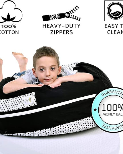 2 Sizes in 1 Stuffed Animal Storage Bean Bag Chair Cover for Kids & Adults | Washable XL Stuffie Seat | 100% Cotton | Pouf Organizer for Plush Toys, Linens, Quilts & Pillows | Black & White - LeafyLoom