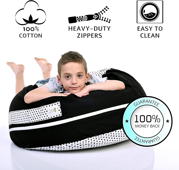 2 Sizes in 1 Stuffed Animal Storage Bean Bag Chair Cover for Kids & Adults | Washable XL Stuffie Seat | 100% Cotton | Pouf Organizer for Plush Toys, Linens, Quilts & Pillows | Black & White - LeafyLoom