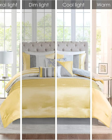 Madison Park Amherst Faux Silk Comforter Set-Casual Contemporary Design All Season Down Alternative Bedding, Matching Shams, Bedskirt, Decorative Pillows, King(104"x92"), Yellow, 7 Piece (MP10-2449) - LeafyLoom