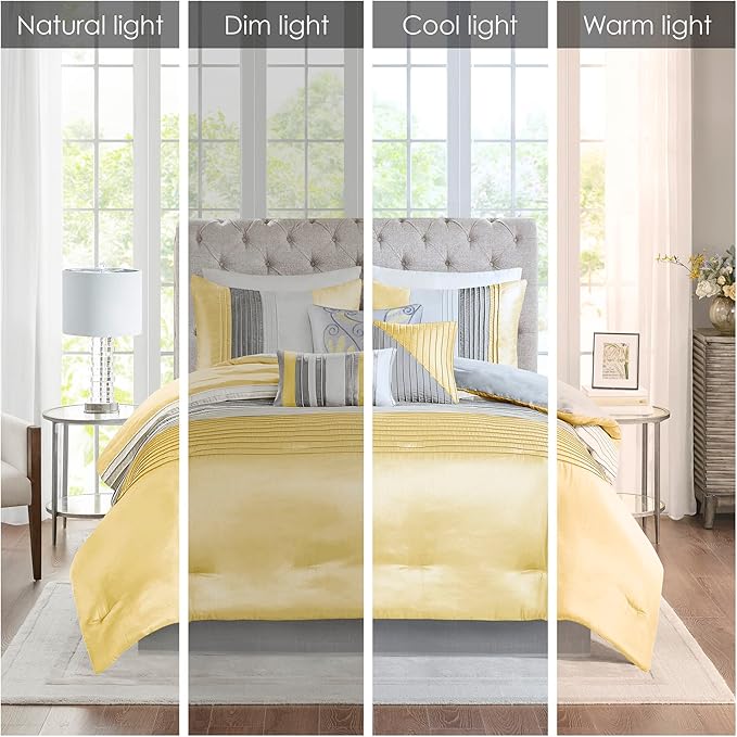 Madison Park Amherst Faux Silk Comforter Set-Casual Contemporary Design All Season Down Alternative Bedding, Matching Shams, Bedskirt, Decorative Pillows, Queen(90"x90"), Yellow, 7 Piece (MP10-2448) - LeafyLoom