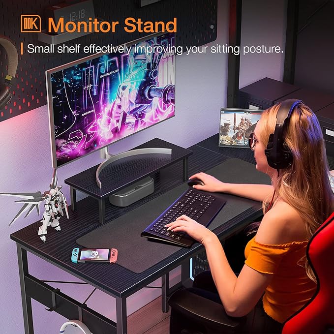 ODK 47 Inch Small L Shaped Computer Desk with Reversible Storage Shelves, L-Shaped Corner Desk with Monitor Stand for Small Space, Modern Simple Writing Study Table for Home Office Workstation, Black - LeafyLoom