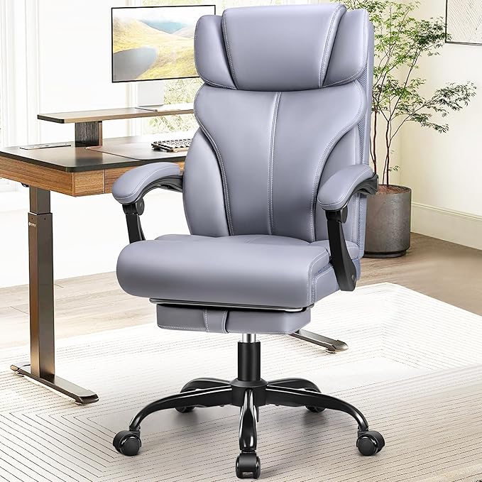 Office Chair, Executive Leather Chair Big and Tall Ergonomic Computer Desk Chair, Comfy Swivel Rolling Reclining Lumbar Support Task Chair with Adjustable High Back Foot Rest for Home Gaming - LeafyLoom