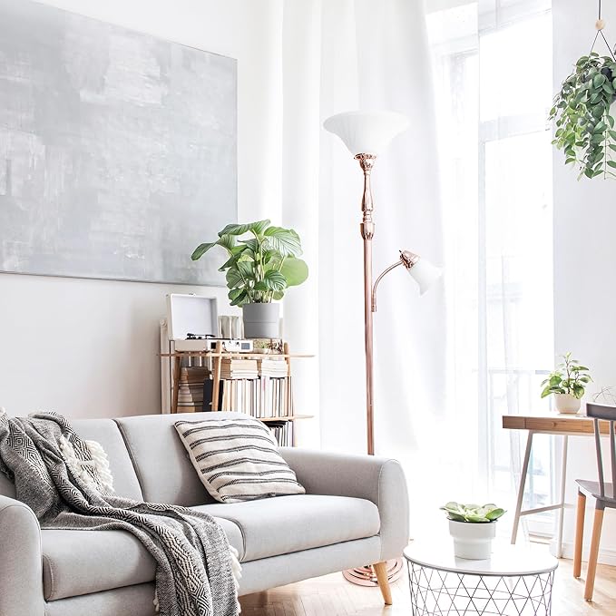 Elegant Designs LF2003-RGD 2 Light Mother Daughter White Marble Glass Floor Lamp, Rose Gold - LeafyLoom