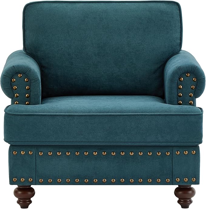 Upholstered Single Sofa Chair with Metal Legs, Modern Armchairs with Nailhead Trim for Living Room,Bedroom and Office, Lake Green, 60.83" W - LeafyLoom