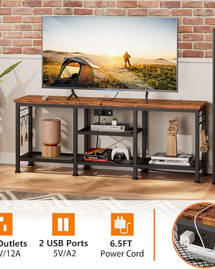 Furologee TV Stand with Power Outlets, Entertainment Center with Open Storage Shelves for TVs up to 55 Inch, TV Media Console Table with Soundbar Shelf for Living Room, Bedroom, Rustic Brown - LeafyLoom