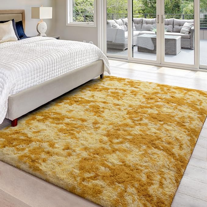 Large Area Rugs for Living Room, Super Soft Fluffy Modern Bedroom Rug, Tie-Dyed Orange Yellow Indoor Shag Fuzzy Carpets for Girls Kids Nursery Room Home Decor (A-Orange, 4x6 Feet) - LeafyLoom