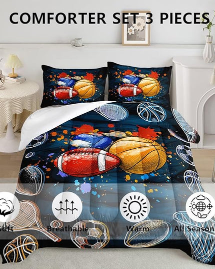 Axolotl Ball Game Bedding Set Twin,Basketball Comforter Set Sports Bedding,Volleyball Comforter Set Soccer Bedding,Football Comforter Colorful Grunge Style for Kids Boys Teens,1 Quilt 2 Pillowcases - LeafyLoom