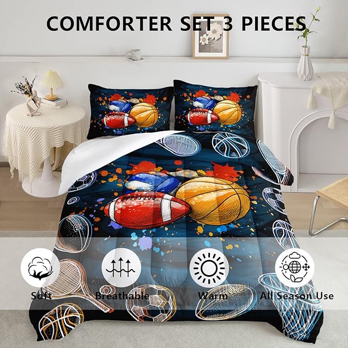 Axolotl Ball Game Bedding Set Twin,Basketball Comforter Set Sports Bedding,Volleyball Comforter Set Soccer Bedding,Football Comforter Colorful Grunge Style for Kids Boys Teens,1 Quilt 2 Pillowcases - LeafyLoom