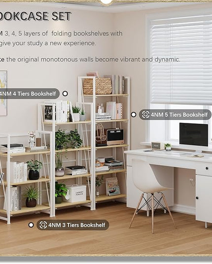 4NM No-Assembly Folding Bookshelf Storage Shelves 3 Tiers Vintage Bookcase Standing Racks Study Organizer Home Office (Natural and White) - LeafyLoom