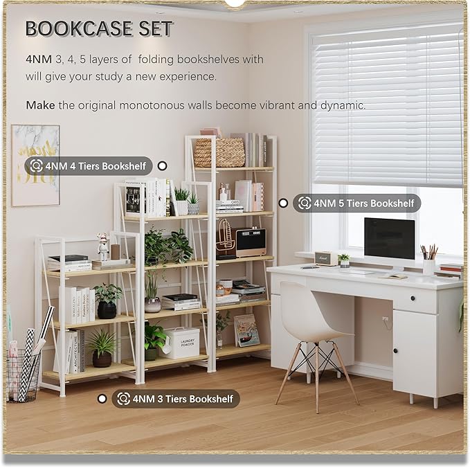 4NM No-Assembly Folding Bookshelf Storage Shelves 3 Tiers Vintage Bookcase Standing Racks Study Organizer Home Office (Natural and White) - LeafyLoom