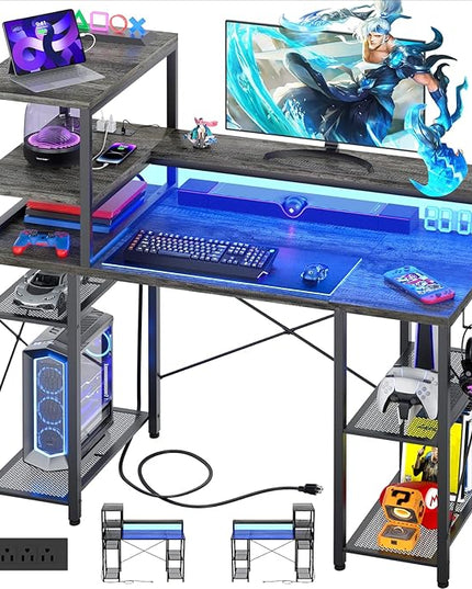 Cyclysio Gaming Desk with LED Light, 47 inch Computer Desk with Storage Shelves, Adjustable Home Office Desk with Power Outlets, Computer Gaming Desk with Long Monitor Stand for Small Space, Grey - LeafyLoom