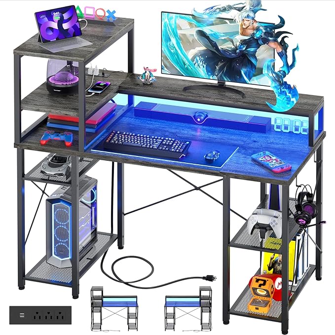 Cyclysio Gaming Desk with LED Light, 47 inch Computer Desk with Storage Shelves, Adjustable Home Office Desk with Power Outlets, Computer Gaming Desk with Long Monitor Stand for Small Space, Grey - LeafyLoom
