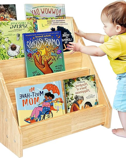 5 Tier Montessori Bookshelf Solid Wood, Nursery Bookcase, Toddler Book Display Shelf for Toddler, 17" Height - LeafyLoom