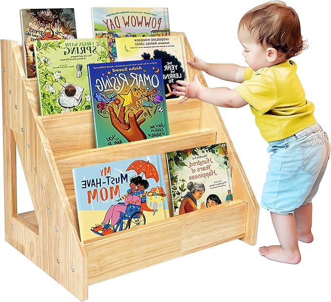 5 Tier Montessori Bookshelf Solid Wood, Nursery Bookcase, Toddler Book Display Shelf for Toddler, 17" Height - LeafyLoom