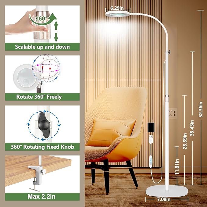 HITTI 10X&15X Floor Magnifying Glass with Light, Flexible Gooseneck Magnifying Floor Lamp, 3 Color Modes Stepless Dimmable Hands Free LED Lighted Magnifier Stand for Close Work Jewellery Esthetican - LeafyLoom