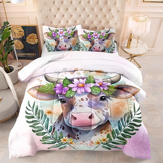 CVHOUSE Kawaii Cow Comforter Set Full Size,Cute Pink Cow Bedding Set for Girls Kids,Kawaii Cow Quilt Set Pink Cow Duvet Set Girl's Bedroom Decor 3 Pieces - LeafyLoom