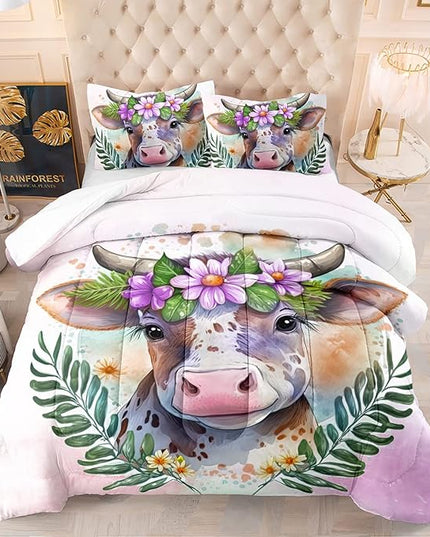 CVHOUSE Kawaii Cow Comforter Set Twin Size,Cute Pink Cow Bedding Set for Girls Kids,Kawaii Cow Quilt Set Pink Cow Duvet Set Girl's Bedroom Decor 3 Pieces - LeafyLoom