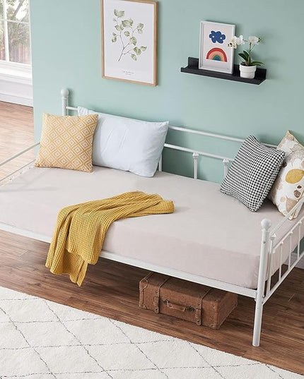 VECELO Twin Size Daybed Frame Metal Steel Slat Support with Headboard Sofa Bed Platform for Living Room, Guest Room, Easy Assembly, White - LeafyLoom