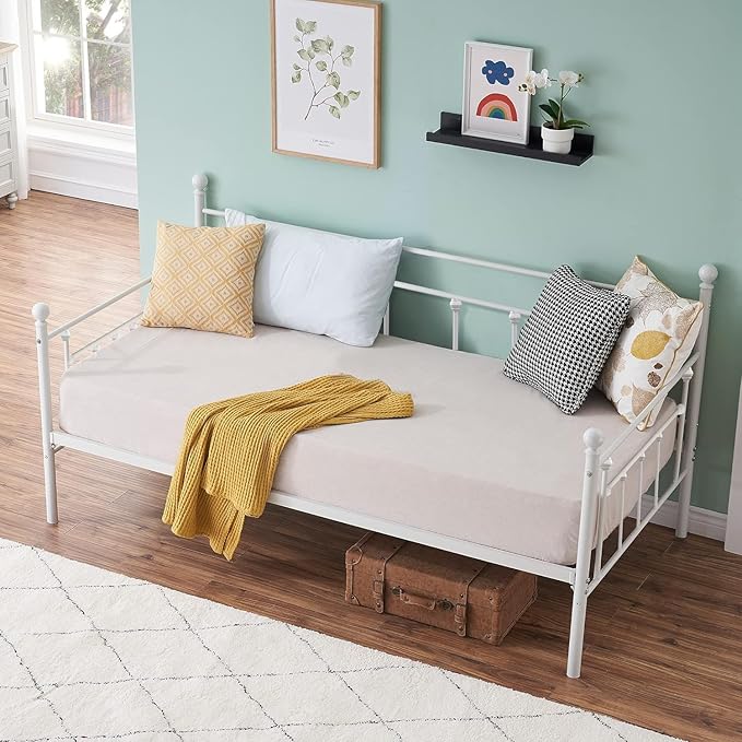 VECELO Twin Size Daybed Frame Metal Steel Slat Support with Headboard Sofa Bed Platform for Living Room, Guest Room, Easy Assembly, White - LeafyLoom