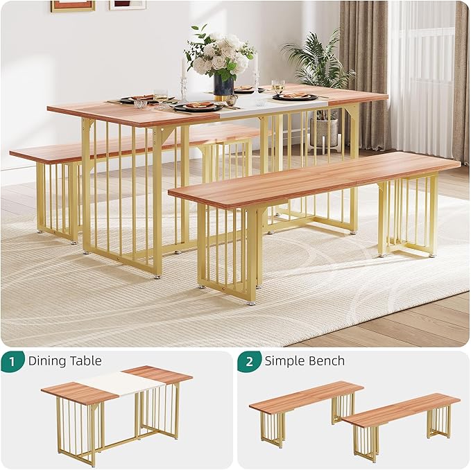 DWVO 3-Piece Dining Table Set for 4-6 People, 63" Kitchen Table with 2 Benches, Farmhouse Rectangular Dining Room Table Set for Home Kitchen, Restaurant - LeafyLoom
