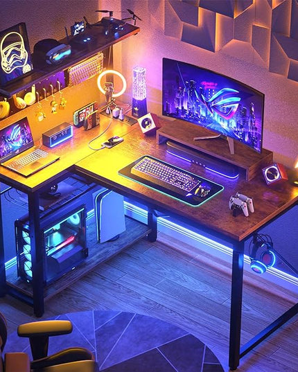 Homieasy Small Gaming Desk with Power Outlets Pegboard LED Light, 43 Inch L Shaped Computer Desk with Monitor Stand Storage Shelves, Reversible Corner Desk with Headset Hooks, Rustic Brown - LeafyLoom