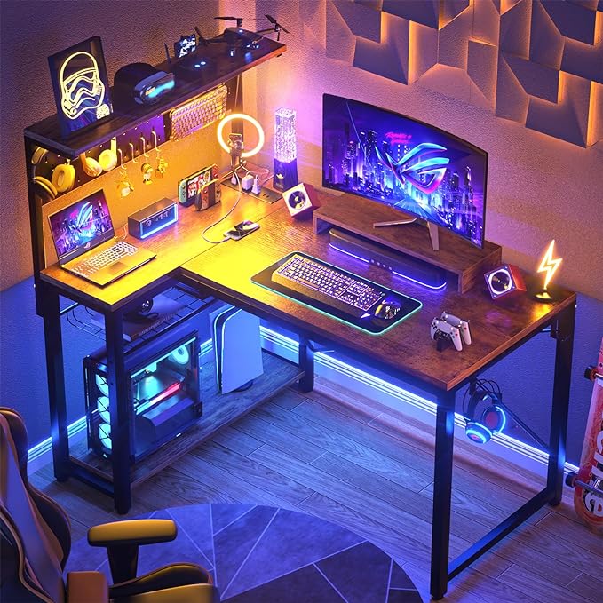 Homieasy Small Gaming Desk with Power Outlets Pegboard LED Light, 43 Inch L Shaped Computer Desk with Monitor Stand Storage Shelves, Reversible Corner Desk with Headset Hooks, Rustic Brown - LeafyLoom