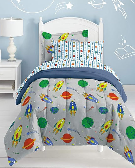 Dream Factory Space Rocket Ultra Soft Microfiber Comforter Set, Multi-Colored, Twin,2A745901MU - LeafyLoom