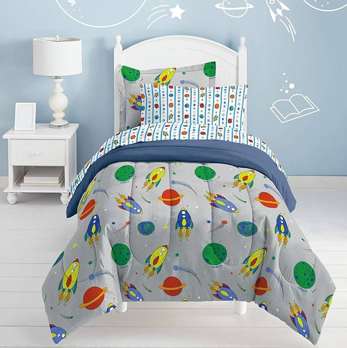 Dream Factory Space Rocket Ultra Soft Microfiber Comforter Set, Multi-Colored, Twin,2A745901MU - LeafyLoom