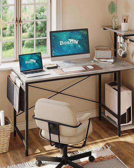 Bestier Gaming Desk with LED Lights, Computer Desk with 4 Tiers Reversible Shelves, 51.3 Inch Home Office Writing Desk with Side Storage Bag, Hooks and Height Adjustable Shelf (Retro Grey Oak) - LeafyLoom