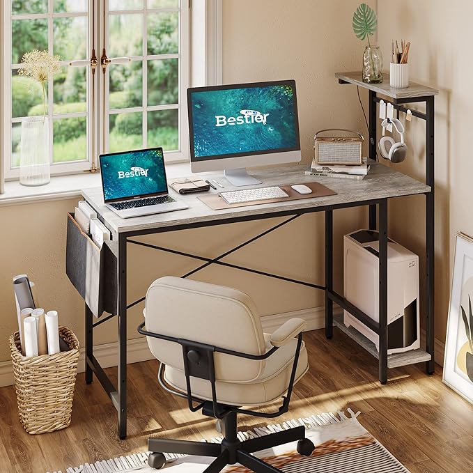 Bestier Gaming Desk with LED Lights, Computer Desk with 4 Tiers Reversible Shelves, 51.3 Inch Home Office Writing Desk with Side Storage Bag, Hooks and Height Adjustable Shelf (Retro Grey Oak) - LeafyLoom