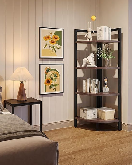 SAYGOER Corner Bookshelf 4 Tier Stand Corner Ladder Shelf Modern Storage Organizer Bookcase Industrial Display Rack Shelves for Small Space, Living Room,Brown - LeafyLoom