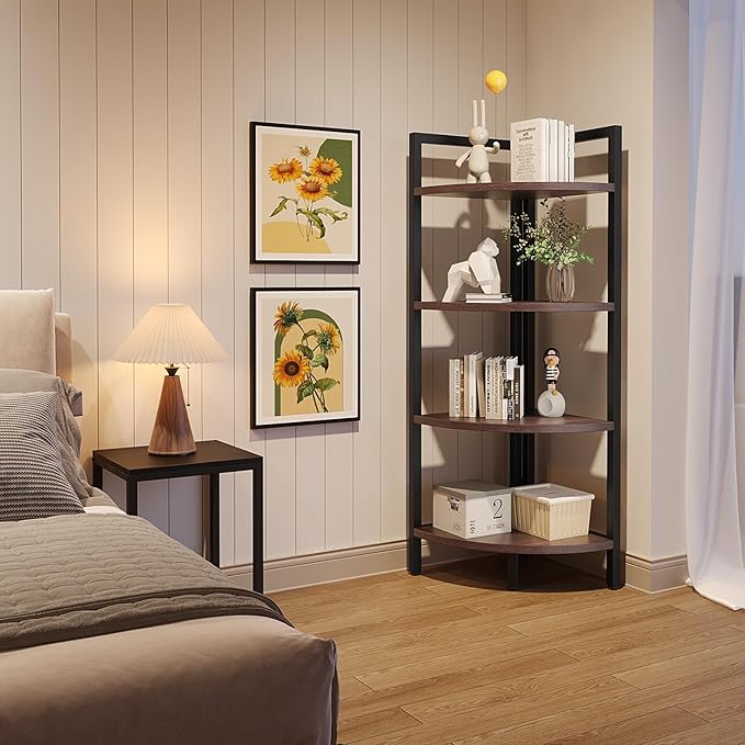 SAYGOER Corner Bookshelf 4 Tier Stand Corner Ladder Shelf Modern Storage Organizer Bookcase Industrial Display Rack Shelves for Small Space, Living Room,Brown - LeafyLoom