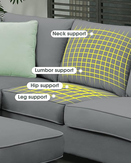 112" 7 Seats Sectional Solid Wood Sofa Sets with Ottoman,L Shape Upholstered Fabric Couch w/ 3 Pillows,for Living, Apartment,Huse or Conference Room,Grey - LeafyLoom
