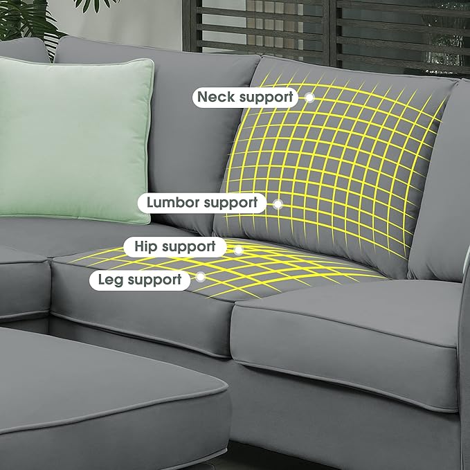 112" 7 Seats Sectional Solid Wood Sofa Sets with Ottoman,L Shape Upholstered Fabric Couch w/ 3 Pillows,for Living, Apartment,Huse or Conference Room,Grey - LeafyLoom