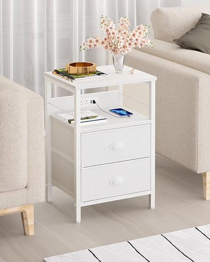 Furologee Nightstands Set of 2, End Tables with Charging Station and USB Ports, Side Tables with 2 Fabric Drawers, Night Stands with Storage Shelf & 2 Hooks, for Living Room/Bedroom, White - LeafyLoom