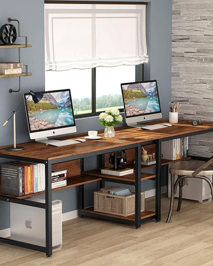 Tribesigns Two Person Desk with Bookshelf, 78.7 Computer Office Double Desk for Two Person, Rustic Writing Desk Workstation with Shelf for Home Office (Brown) - LeafyLoom
