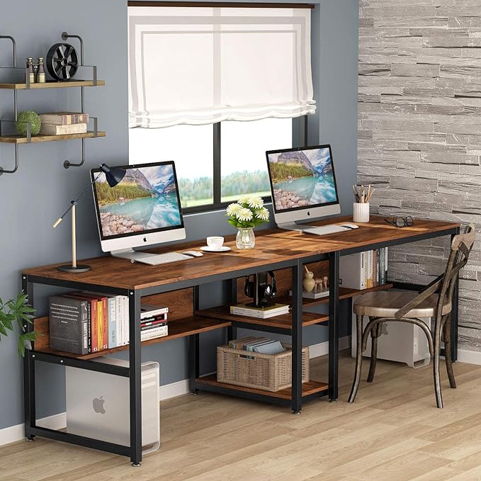 Tribesigns Two Person Desk with Bookshelf, 78.7 Computer Office Double Desk for Two Person, Rustic Writing Desk Workstation with Shelf for Home Office (Brown) - LeafyLoom