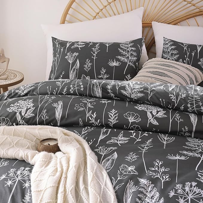 JANZAA Comforter Set Full Size Dark Grey Comforter set Floral Comforter with 2 Pillow Cases Fluffy Microfiber Comforter Set for All Season Using Soft Boho Comforter Set - LeafyLoom