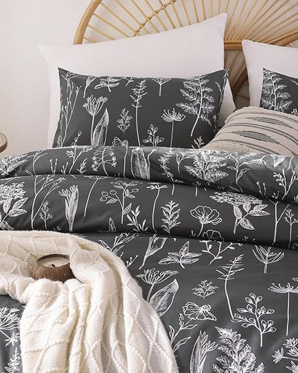 JANZAA King Size Comforter Set Dark Grey Comforter set Floral Comforter with 2 Pillow Cases Microfiber Soft Comforter Set for All Season Using Soft Comforter Set Boho - LeafyLoom