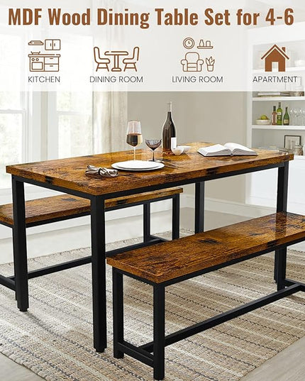 DKLGG 3-Pieces Dining Table Set with 2 Benches, Dining Table Set for 4, Wood Kitchen Table and Chairs Sets w/Metal Frame, Dining Sets for Small Spaces Kitchen Dining Room Restaurants (Rustic Brown) - LeafyLoom