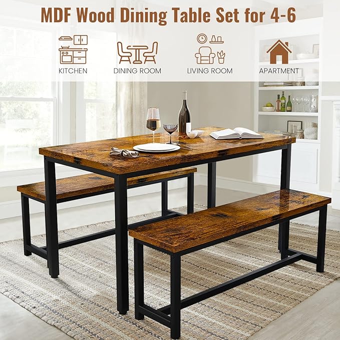 DKLGG 3-Pieces Dining Table Set with 2 Benches, Dining Table Set for 4, Wood Kitchen Table and Chairs Sets w/Metal Frame, Dining Sets for Small Spaces Kitchen Dining Room Restaurants (Rustic Brown) - LeafyLoom