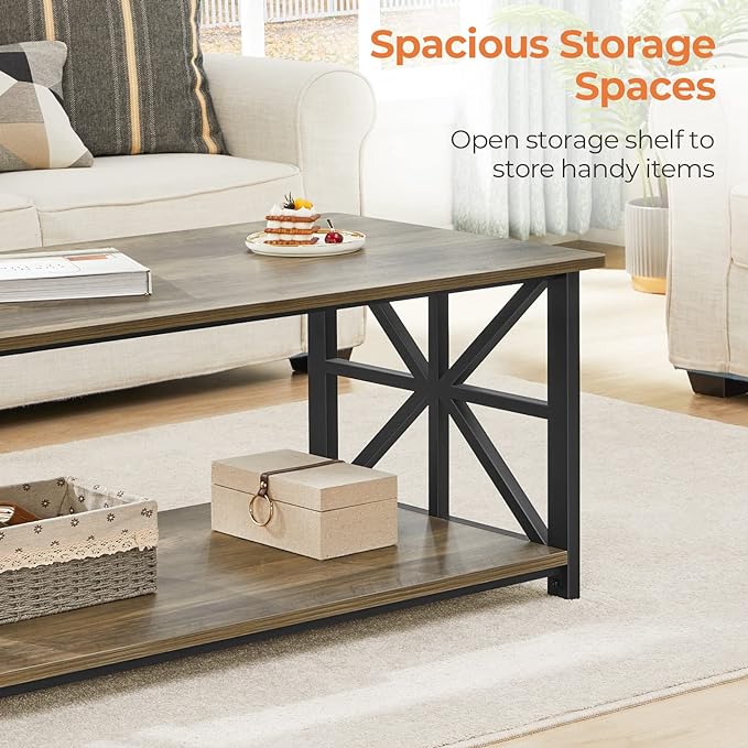 GreenForest Coffee Table for Living Room with Round Corners Farmhouse Style Center Table with Storage Shelf 39 Inch Space Saving Easy Assembly Gray Wash - LeafyLoom