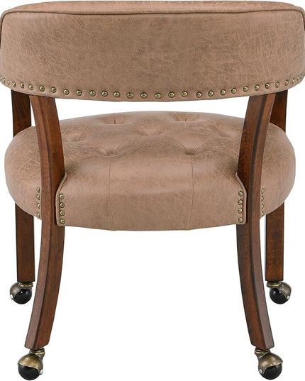 Dining Chairs with Casters and Arms, Rolling Dining Chairs with Wheels, Solid Wood Office Desk Chairs, 26“Dx25.2 Wx31.5“H, Cherry Legs & Yellowish Brown Fabric SY-1533-LT - LeafyLoom