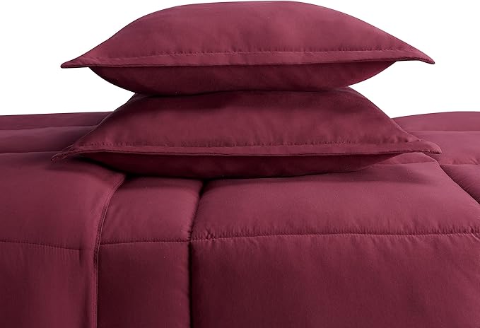 SERTA Simply Clean Ultra Soft Hypoallergenic Solid 3 Piece Comforter Set, Full/Queen, Burgundy - LeafyLoom