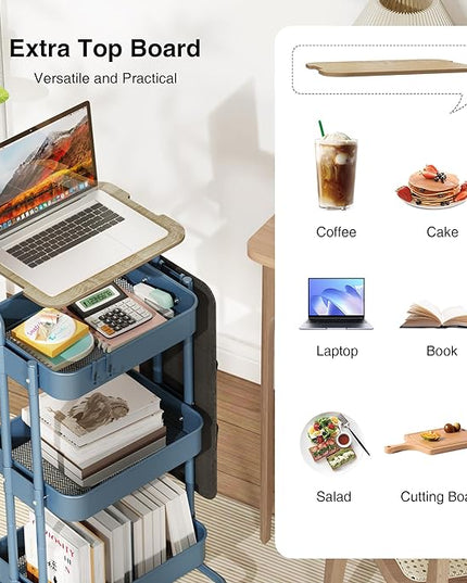 DTK 3 Tier Metal Utility Rolling Cart with Table Top and Side Bags, Metal Tray Storage Organizer Cart with Wheels, Art Craft Cart with 4 Hooks for Kitchen Bathroom Office Living Room (Blue) - LeafyLoom