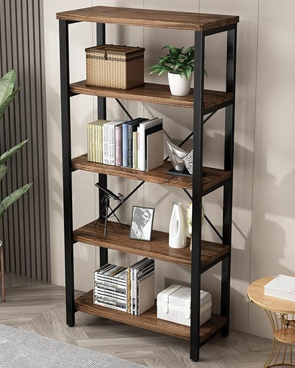 5 Tier Industrial Solid Wood Bookshelf, Open Etagere Bookcase with Metal Frame, Vintage Industrial Style Bookcase/Metal and Wood Bookshelf Furniture (AY01-5tier) - LeafyLoom