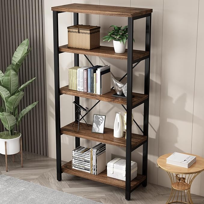 5 Tier Industrial Solid Wood Bookshelf, Open Etagere Bookcase with Metal Frame, Vintage Industrial Style Bookcase/Metal and Wood Bookshelf Furniture (AY01-5tier) - LeafyLoom