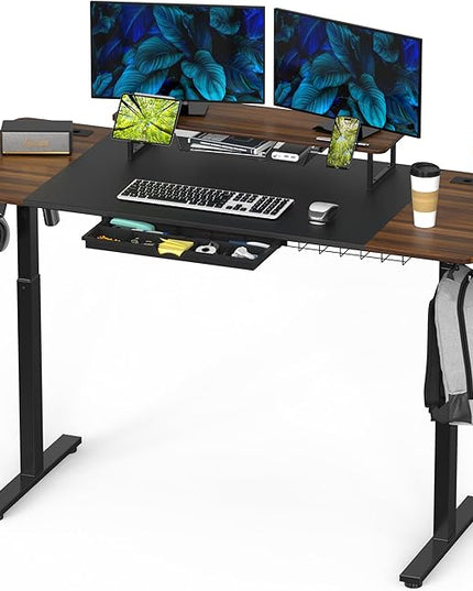 SHW 62-Inch Extra Large Electric Height Adjustable Standing Desk with Monitor Riser and Drawer, 62 x 28 Inches, Walnut - LeafyLoom